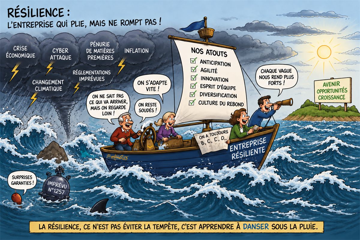 Illustration : le voilier « Entreprise résiliente » laisse derrière lui la tempête — crise économique, cyberattaque, pénurie de matières premières, inflation, changement climatique, réglementations imprévues — et met le cap sur le soleil et un panneau « avenir, opportunités, croissance ». À bord, l’équipage énumère ses atouts : anticipation, agilité, innovation, esprit d’équipe, diversification, culture du rebond.