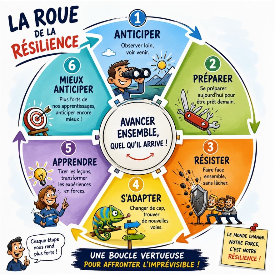 La roue de la résilience : anticiper (observer loin, voir venir), préparer (se préparer aujourd’hui pour être prêt demain), résister (faire face ensemble, sans lâcher), s’adapter (changer de cap, trouver de nouvelles voies), apprendre (transformer les expériences en forces), puis mieux anticiper.